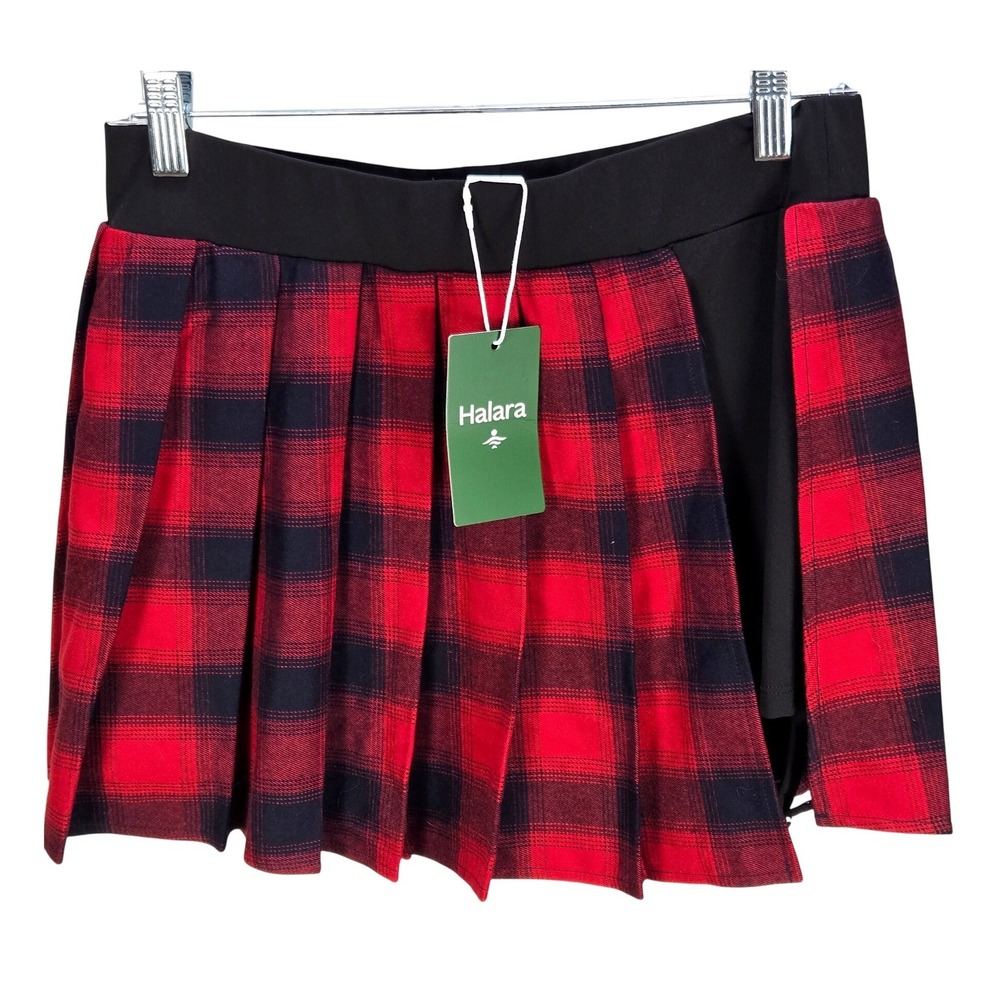 Women's Halara Medium NWT Red Black Buffalo Plaid Pleated Mini Skort Grunge